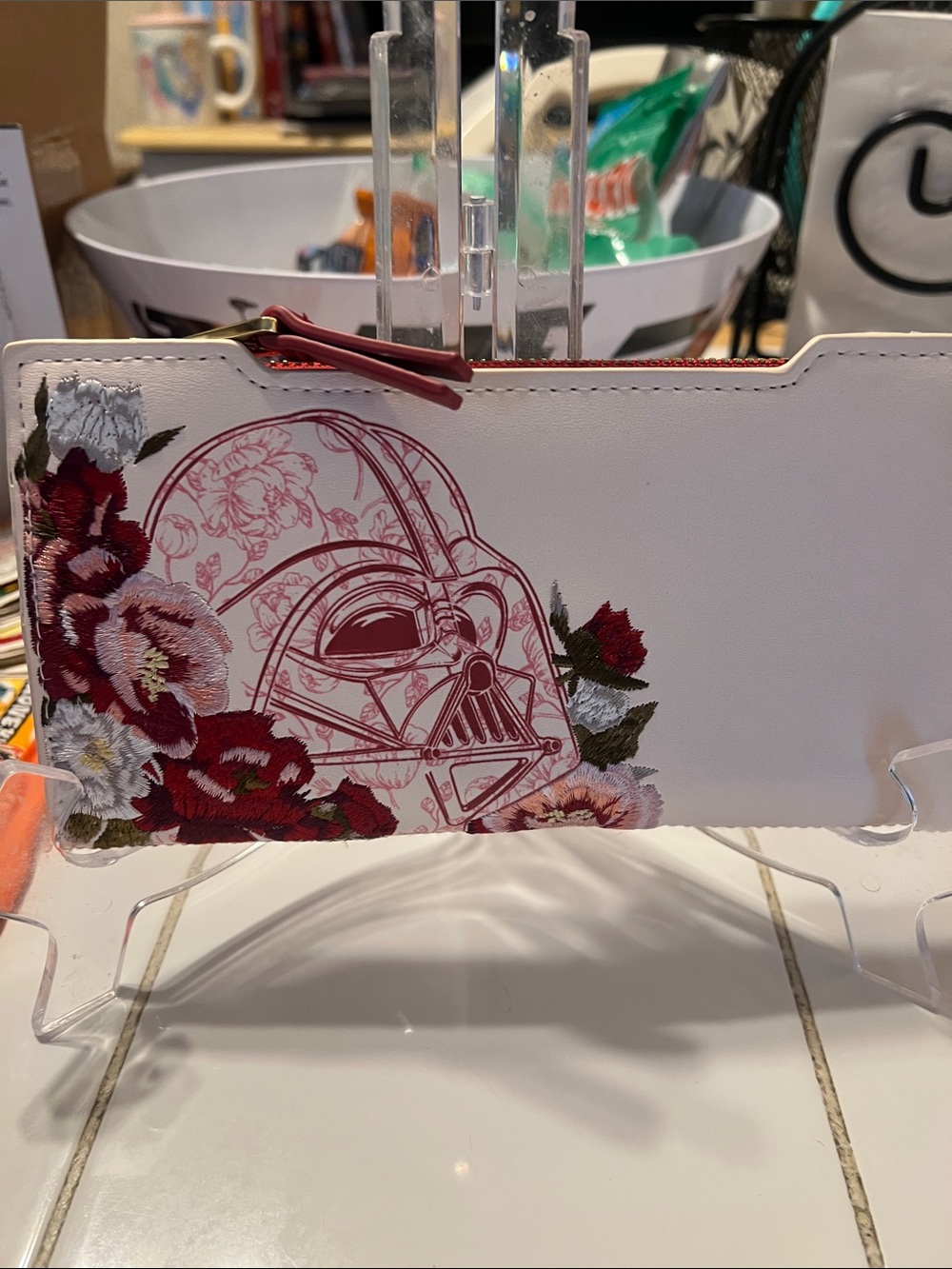 Loungefly White Zip Phone Wallet with Red Floral Darth Vader Design